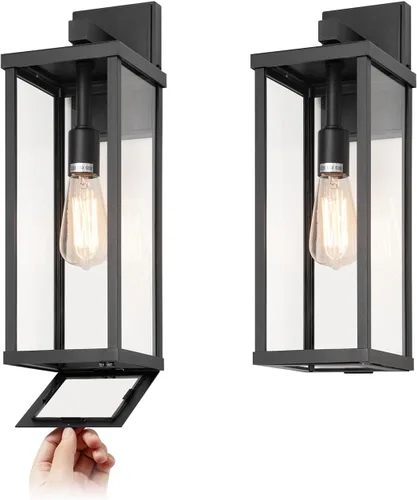 Vista 17 de mirrea Aplique de pared clásico para exteriores de 11 pulgadas, marco de metal rectangular negro mate y pantalla de vidrio transparente, luz