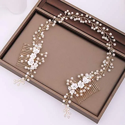 Vista 2 de Kercisbeauty Peines de pelo de perlas para mujer, para novia, color dorado, diadema de rosa, para graduación, ocasión especial, joyería