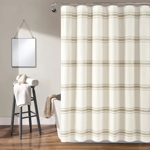 Vista 11 de [Usado] Cortina de regadera de algodón a rayas estilo rústico de Lush Decor, 72 x 72 pulgadas, negra - Cortina de baño a rayas - Cortinas de ducha