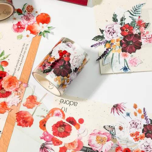 Vista 5 de Juego de 12 Rollos de Cinta Washi Floral de PET y Pegatinas de PET – Fácil de Usar para Journaling y Elaboración de Tarjetas, Ideal