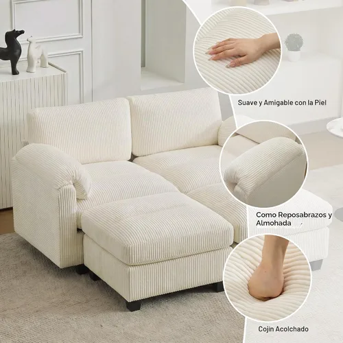 Vista 3 de Sofá modular de 61 pulgadas con otomana, asiento extra profundo para sala de estar, sofá de asiento profundo de pana con almohadas para Beige