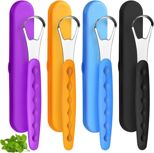 Vista 11 de 4 piezas de limpiador de lengua para adultos y niños, cepillo de lengua de acero inoxidable, raspador de metal, reduce el mal aliento con fundas