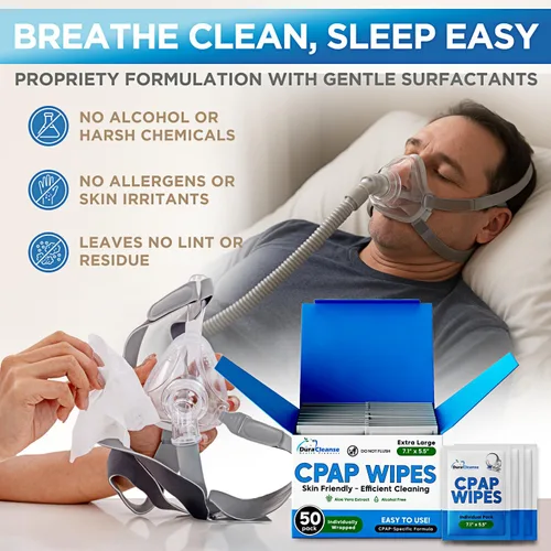 Vista 4 de Dura Cleanse Toallitas de limpieza extra grandes y extra húmedas para cara completa, máscaras nasales, 50 toallitas de viaje CPAP, limpiador sin