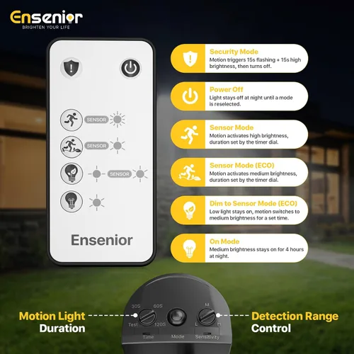 Vista 5 de Ensenior - Luz de seguridad solar con 5 modos de sensor de movimiento, 1800 lm, 270° de ángulo amplio, 3 cabezales de luces LED de inundación