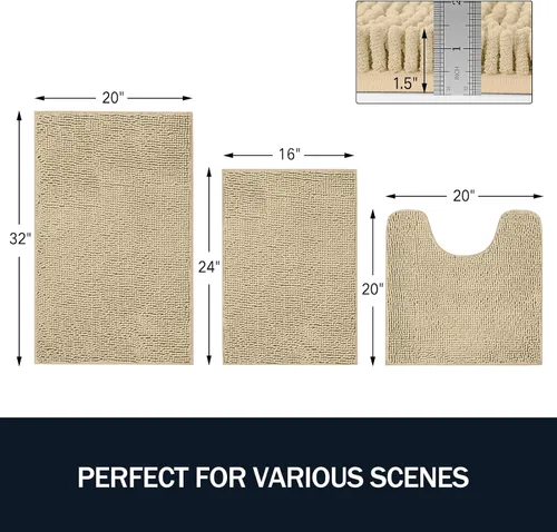 Vista 3 de LINLA Juego de 3 alfombras de baño de felpilla absorbente antideslizante, juego de alfombras de felpilla de felpa gruesa, se pueden lavar y secar