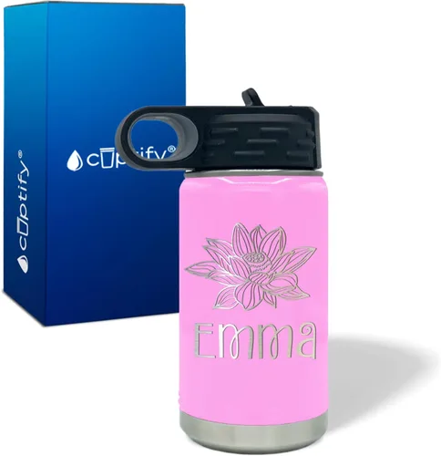 Vista 22 de Botella de agua para niños personalizada con nombre en botella de agua aislada con anillo verde mate de 12 onzas