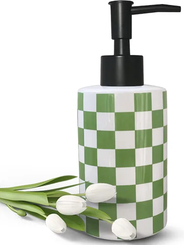 Vista 9 de Dispensador de jabón de baño con bomba negra mate, dispensador de jabón de cerámica blanca para cocina, patrón de cuadros, botella de bomba vacía