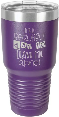 Vista 21 de Taza de viaje de acero con recubrimiento de polvo grabado por láser con grabado «It 'S A BEAUTIFUL DAY TO LEAVE ME ALONE» de 325 ml con campana