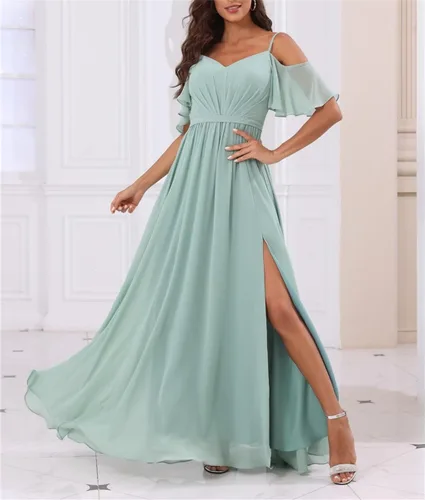 Vista 3 de Cold Shoulder Bridesmaid Dresses with Long Slit Chiffon Pleated Formal Party Gowns for Women
