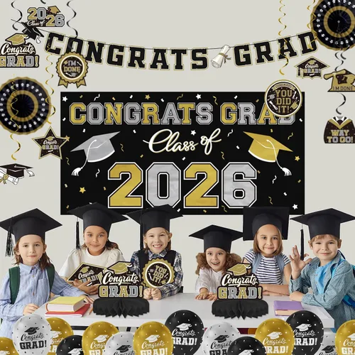 Vista 5 de Juego de decoraciones de graduación 2026 con temática negra y dorada, pancarta de felicitaciones, telón de fondo, globos y serpentinas, suministros