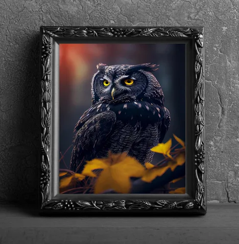 Vista 2 de Búho negro raro, impresión artística, colgante de pared, imagen de póster de animales, fotografía, vida silvestre, regalo de Halloween, foto