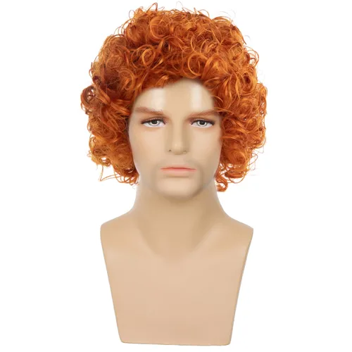 Vista 7 de Pelucas cortas y rizadas marrones para hombres, pelo corto en capas de aspecto natural, resistente al calor, pelucas sintéticas con gorra de peluca