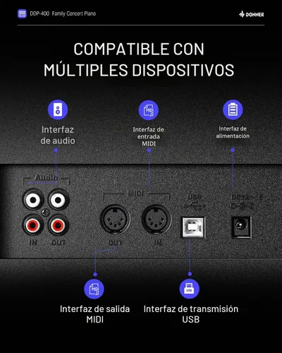 Vista 8 de Donner DDP-400 - Piano digital con teclado progresivo ponderado de 88 teclas, teclado de piano vertical premium para profesionales, paquete