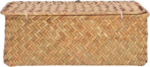 Vista 8 de Cesta de almacenamiento de hierba marina natural, cesta rectangular tejida de ratán natural con tapas, organizador de escritorio, cesta decorativa