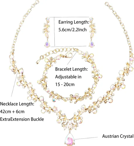 Vista 2 de Juego de 3 piezas de joyería de cristal austriaco para mujer, collar y aretes colgantes, pulsera de eslabones con chapado en oroplatinoarma, joyería