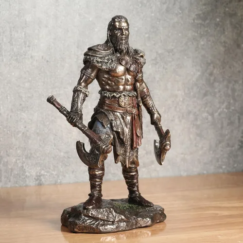 Vista 4 de Veronese Design 6 1/4 pulgadas vikingo gemelo hachas guerrero escultura masculina resina escultura acabado de bronce fundido en frío