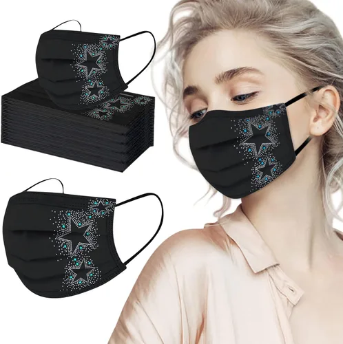 Vista 2 de Paquete de 50 mascarillas desechables para mujer, diseño de estrellas, mariposa, vacaciones, cuidado de la piel para adultos, transpirable, filtro