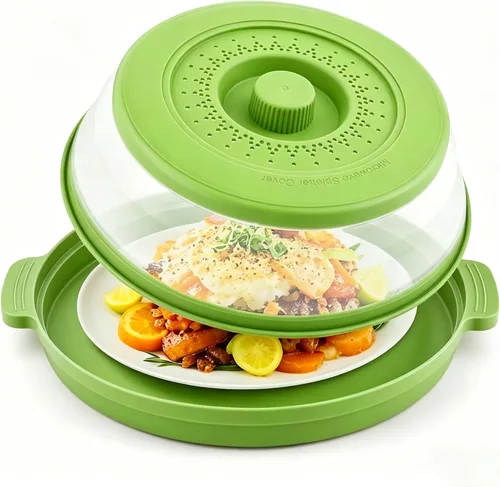 Vista 12 de Cubierta para microondas contra salpicaduras, cubierta de microondas para alimentos con bandeja anti-escaldadura, cubierta de placa de microondas