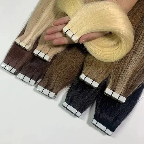 Vista 7 de Extensiones de cabello con cinta invisible atada a mano, extensiones de cabello humano con cinta adhesiva natural, extensión de doble trazado