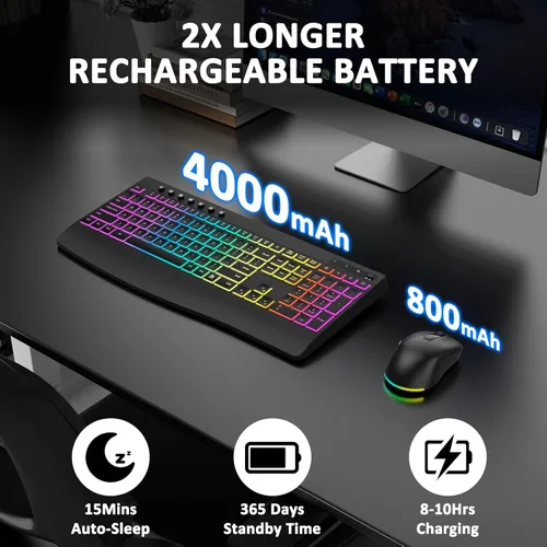 Vista 6 de Combo de teclado y mouse inalámbricos, 9 efectos retroiluminados, teclado retroiluminado recargable de 4000 mAh con reposamuñecas, mouse de 6