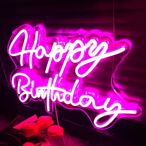 Vista 4 de Letrero de neón de feliz cumpleaños, reutilizable, luz LED de neón rosa, decoración de fiesta de cumpleaños, funciona con USB, decorativo para telón