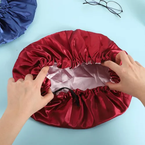 Vista 4 de Paquete de 2 gorros de satén para dormir, gorra de satén de doble capa para cabello natural y rizado