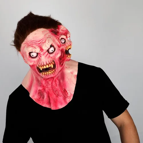 Vista 6 de Pigmiss Máscara de zombi aterradora de cabeza completa de látex realista de demonio, máscara divertida de doble cabeza espeluznante de boca abierta