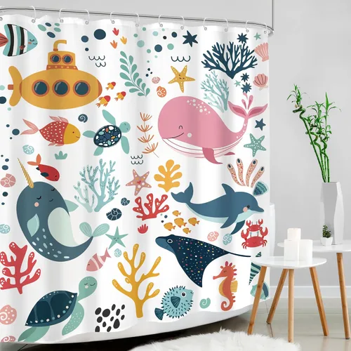 Vista 3 de Cortina de ducha para niños, océano, verano, linda ballena de dibujos animados, divertida decoración de baño para guardería, niños y niñas