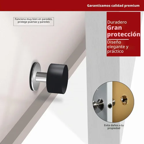 Vista 2 de Tope de puerta con adhesivo extra, tope de puerta autoadhesivo con parachoques de goma negra y cuerpo de acero inoxidable - Protector de pared
