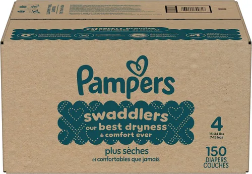 Vista 18 de Pampers Pañales Swaddlers, talla 4 (15-34 libras), 150 unidades, sin fragancia, hipoalergénicos, absorbentes, recomendados por pediatras, seguros