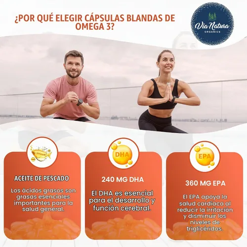 Vista 4 de Omega 3 1000mg Aceite de pescado Ácidos grasos EPA y DHA Sin OMG 60 cápsulas blandas
