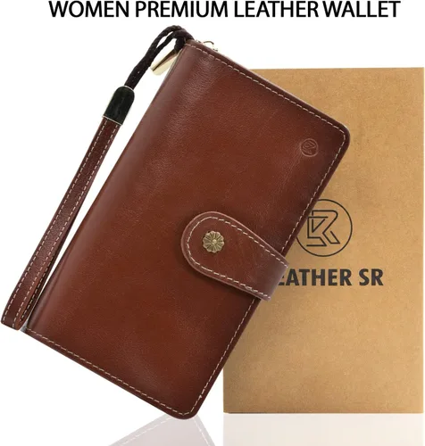 Vista 6 de Cartera de pulsera para mujer, gran capacidad con correa para la muñeca, piel auténtica, embrague triple RFID, bolso de mano marrón, Marrón