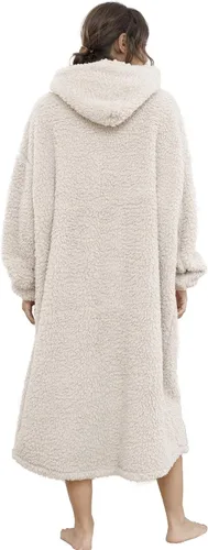 Vista 2 de Manta Sherpa con capucha de gran tamaño, sudadera con capucha y manga larga y bolsillo, color beige