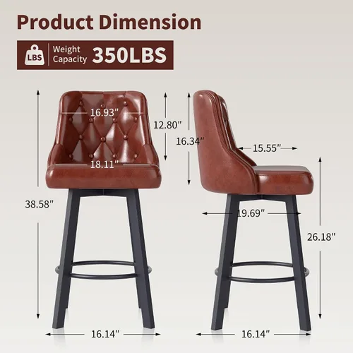 Vista 2 de ralex-chair Taburetes de bar, taburetes de bar giratorios modernos de altura de mostrador, estilo vintage, silla de bar de cuero encerado para isla