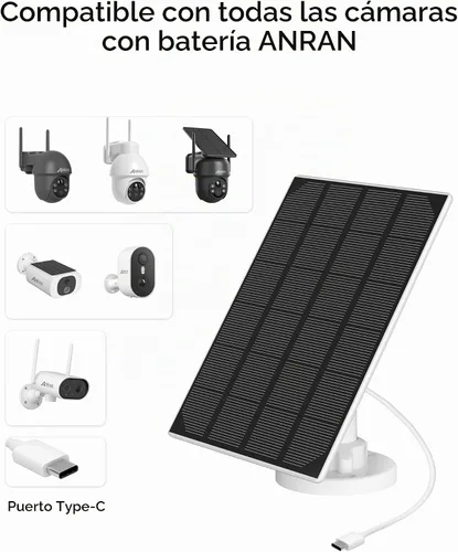 Vista 2 de ANRAN Panel solar de 3 W con cable Micro USB de 3 m y puerto Tipo-C, compatible con cámaras de seguridad CCTV con batería recargable, impermeable