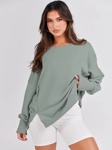 Vista 3 de ANRABESS Sudadera de gran tamaño para mujer, cuello redondo, manga larga, casual, con abertura, sin botones, ropa de otoño
