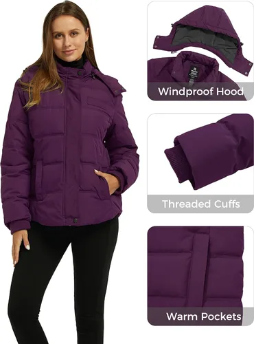 Vista 6 de Wantdo Abrigo de invierno cálido con capucha para mujer, chaqueta acolchada gruesa con capucha extraíble