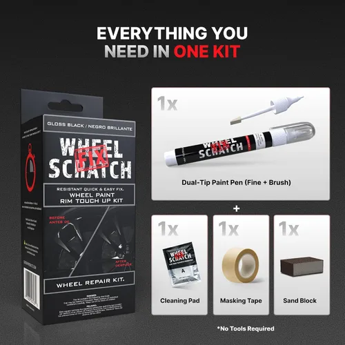 Vista 7 de Wheel Scratch Fix - Kit de retoque de llantas rápido y fácil, colores universales (negro (brillo))