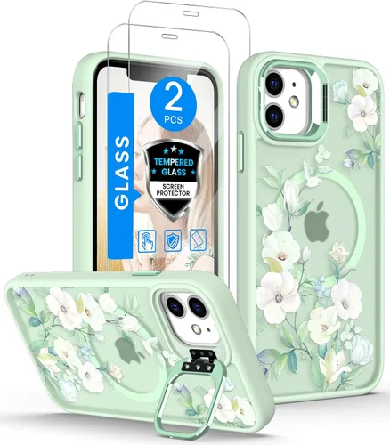 Vista 24 de Dretal Magnético para iPhone 11 Pro, Funda Floral, Protector de Pantalla, Anillo de Lente Integrado, Soporte, Protección de Grado Militar, Funda