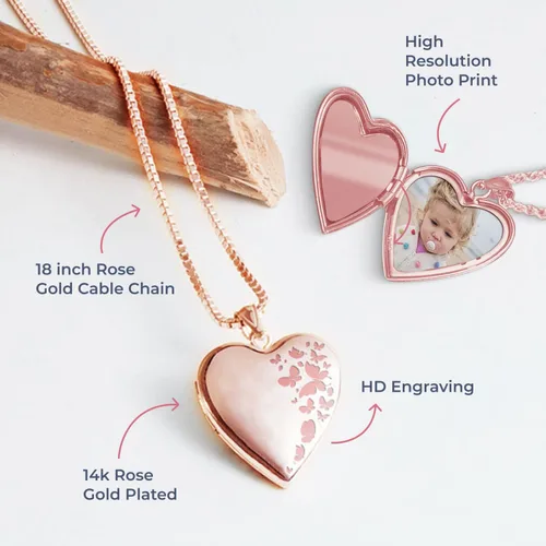 Vista 3 de Collar con medallón de fotos de corazón chapado en oro rosa de 34 pulgadas x 34 pulgadas incluye cadena de 18 pulgadas collares personalizados