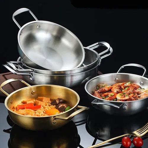 Vista 7 de Sartén de paella dorada de acero inoxidable de 7 pulgadas para cocinar recetas de arroz de paella fiesta en casa