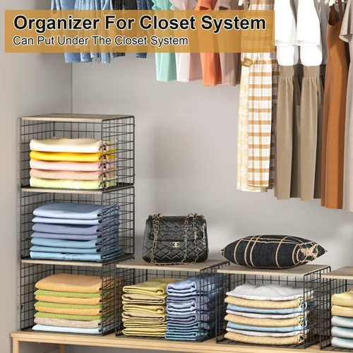 Vista 8 de Organizadores de armario y almacenamiento más amplios, apilables, con parte superior de madera, para suéteres, jeans, estantes organizadores de Negro