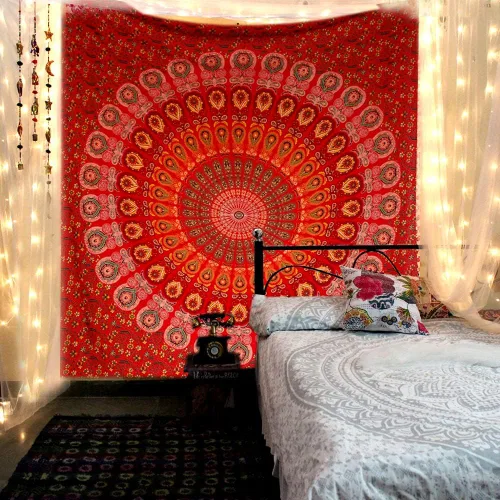 Vista 19 de raajsee - Tapiz azul y naranja con mandala - Mejor colgante de pared con mandala - Tapiz para la cama para dormitorio estético - Tamaño póster