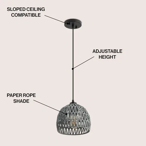 Vista 3 de JONATHAN Y Lámpara colgante LED de cuerda tejida bohemia moderna gris de 8.25 pulgadas, lámpara de techo de cúpula ajustable para isla de cocina
