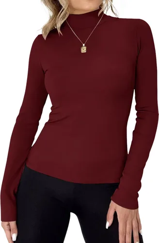 Vista 3 de Rapbin Camiseta de manga larga para mujer, cuello alto, básica, elástica, ajustada, ligera, térmica