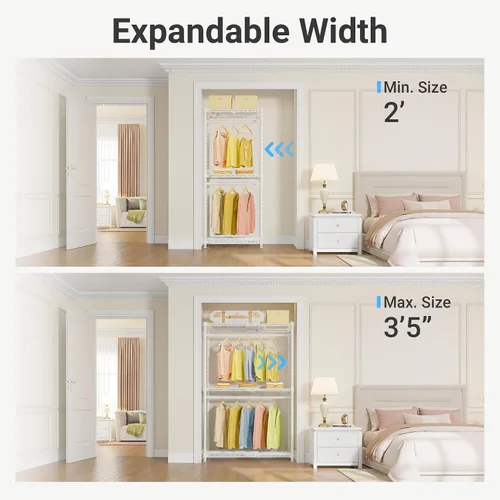 Vista 2 de VIPEK X1 Perchero de Ropa Extensible Uso Pesado Ajustable de 2' a 3'5" con Estantes Flexibles y Barras Colgadoras Percheros de Metal para Ropa Blanco