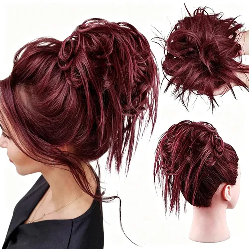 Vista 38 de HMD - Extensiones de cabello tipo chongo alborotado con rodelo despeinado, banda elástica de goma, extensiones de cabello sintético para mujer