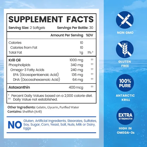 Vista 2 de BioEmblem Aceite de Krill Antártico - 1000 mg de aceite Omega-3, EPA, DHA, 180 cápsulas blandas 3pack_60 cápsula