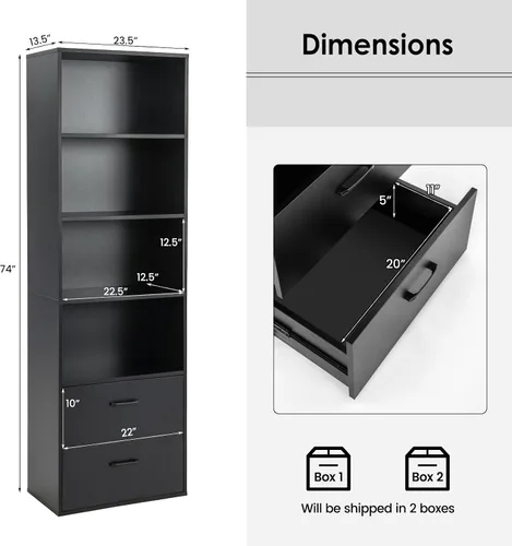 Vista 3 de LOKO Estantería de 74 pulgadas de alto, gabinete de almacenamiento alto moderno de 6 niveles con 2 cajones y 4 estantes abiertos, estantería de Negro