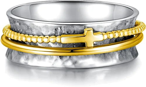 Vista 2 de Anillo de cruz para mujer, plata de ley 925, anillos giratorios de banda ancha martillada